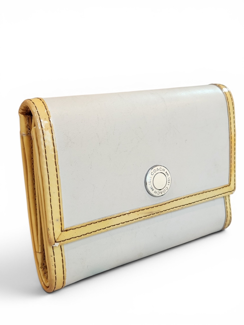 Coach Soft White and Mustard Yellow Leather Trifold Wallet With Coin Zipper
